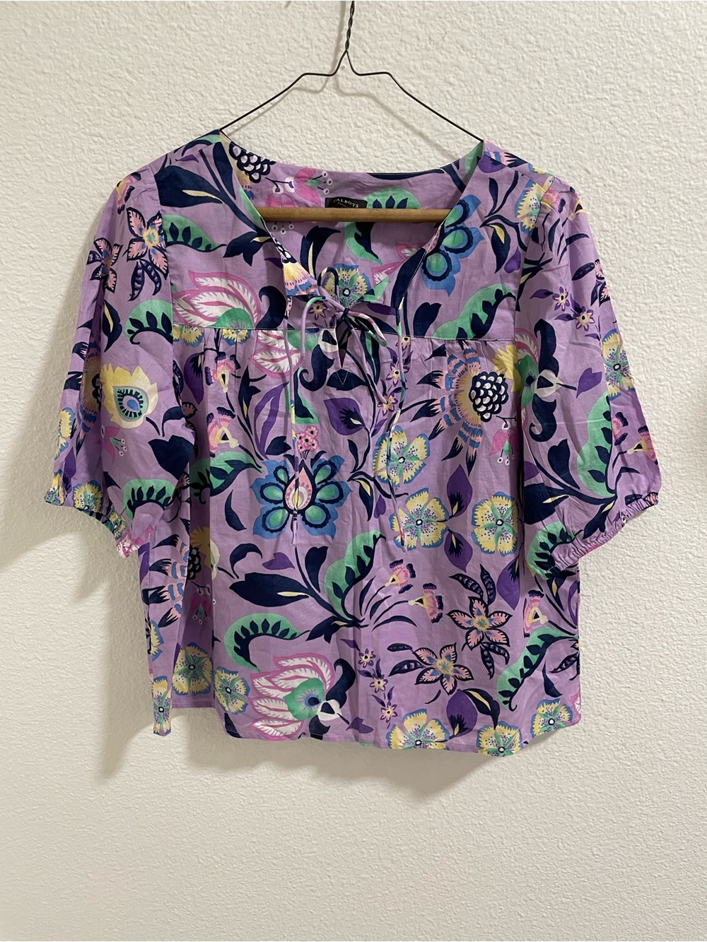 Talbots Purple Floral Lace-Up Peasant Blouse